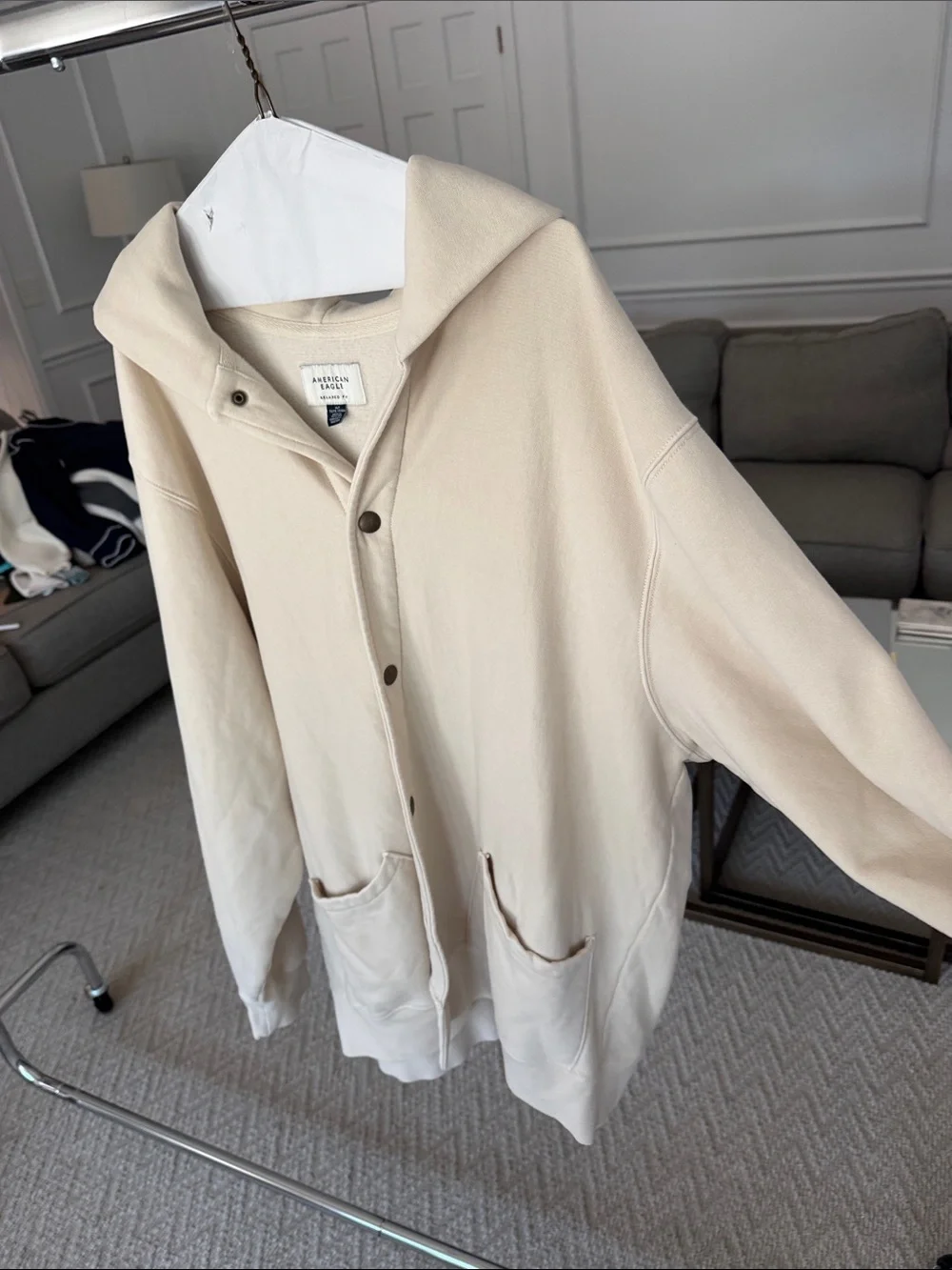 Men’s American Eagle Outfitters Cream Hooded Button-Up Jacket-XLT